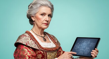 An elderly woman in historical attire holds a tablet computer displaying a starry sky.