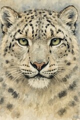 Naklejka premium Snow leopard face with green eyes watercolor