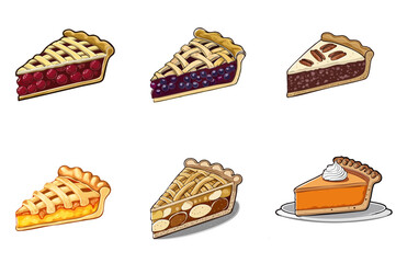Assorted Pie Slice Vector Set — Cherry, Blueberry, Pecan, Custard, Apple, and Pumpkin Dessert Illustrations