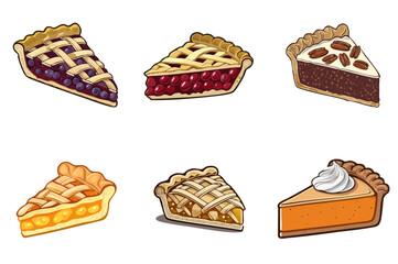 Mixed Pie Slice Vector Set — Blueberry, Cherry, Pecan, Apple, Custard, and Pumpkin Dessert Illustrations