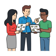 Fototapeta premium Three diverse people collaborating on flowcharts and diagrams on white background collaboration teamwork