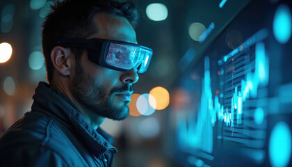 Man wearing VR glasses looking at charts, graphs on screen. Digital tech concept, business strategy. Augmented reality and virtual reality, innovative tech, finance market