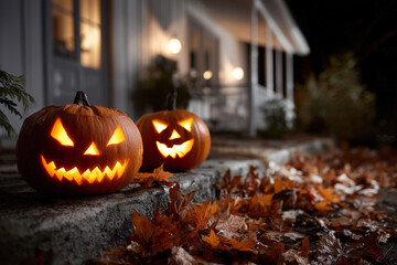 Two pumpkins with glowing eyes sit on a porch
