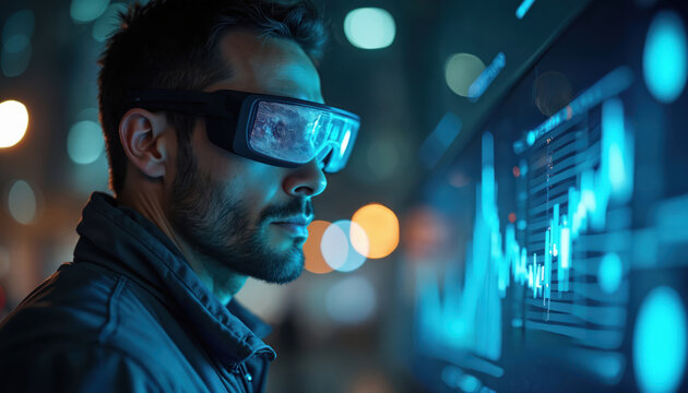 Man wearing VR glasses looking at charts, graphs on screen. Digital tech concept, business strategy. Augmented reality and virtual reality, innovative tech, finance market