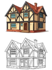 Classic Tudor Style House Illustration with Coloring Page Version