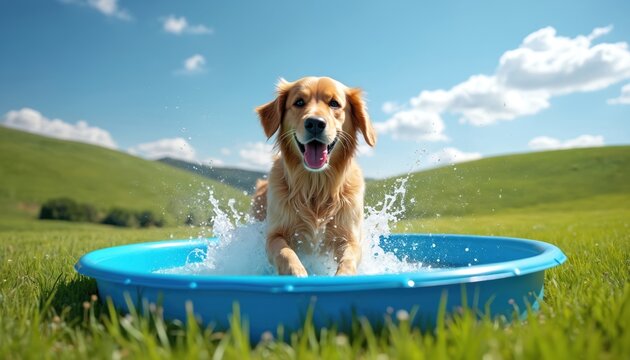 Golden retriever dog jumps into blue kiddie pool splashing water happily. Cute pet cools off in summer on green grassy hill under clear blue sky. Fun canine playtime. - Powered by Adobe