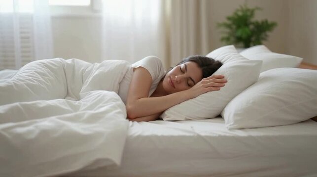 woman in deep sleep on a white bed. Perfect for relaxation, healthy lifestyle, and restful concepts