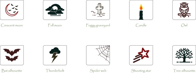 Collection of Nighttime Atmosphere icons featuring moon bats owl tree candle lightning and stars vector for Halloween.
