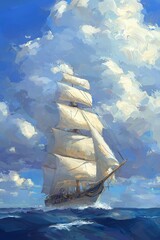 A majestic sailing ship with billowing sails glides on the open ocean, perfect for maritime themes, adventure, or historical content