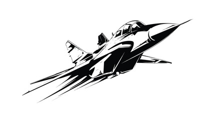 Sleek Fighter Jet Black White Isolated Icon Vector Illustration