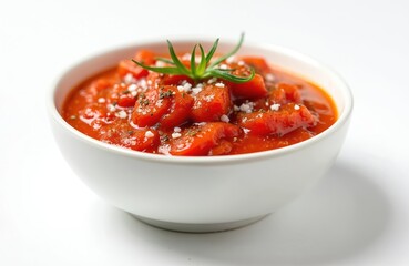 White bowl of chunky red stew with sauce. Garnished with fresh green herb sprig, white salt crystals, dried spice. Looks like hearty tomato vegetable stew, maybe carrots. Ready to eat, delicious