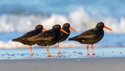 Four black oystercatchers stand on a beach, their orange beaks and legs prominent against the soft blue background of ocean waves.