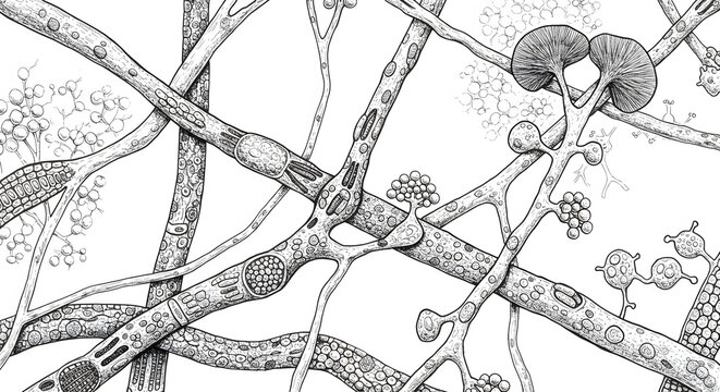 Intricate Fungi Illustration: A detailed black and white artistic illustration of various fungi, showcasing their complex structures and forms with an aesthetic, scientific perspective.