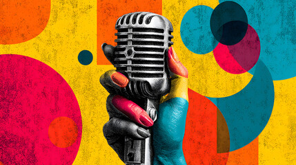 A grunge background features a retro microphone for vintage music and radio broadcasts