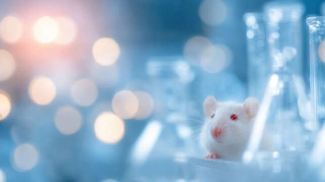 White rat in lab exploring glass beakers during research - Powered by Adobe