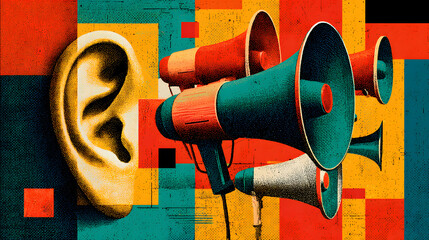 An old-fashioned radio and wooden toy train stand as icons of old-fashioned communication and music equipment