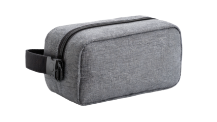 Gray fabric cosmetic bag with black accents.  Zippered closure,  handle, rectangular shape