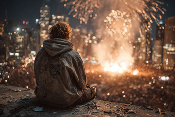 Festive urban evening with young man participating in multicultural celebration with fireworks above