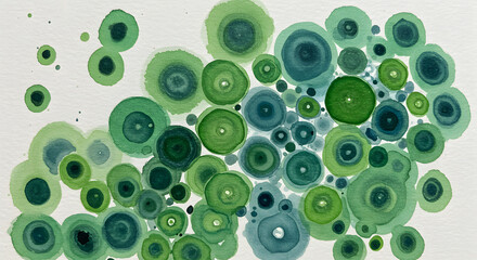 Abstract Watercolor Circles: A captivating watercolor artwork showcasing an array of concentric circles in harmonious green and blue hues. This piece creates a sense of calm.