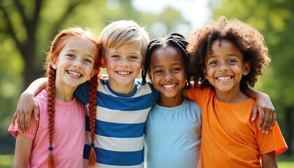 Four happy diverse kids smile together with arms around shoulders outdoors. Children friends share joy, hug each other. Youngsters enjoy sunny day in park. Childhood fun, togetherness, bonding.