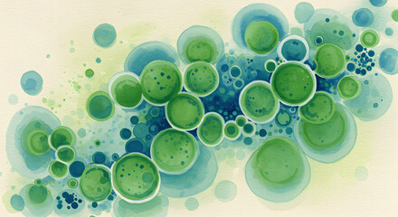 Microscopic Universe: A vibrant artistic rendering of microscopic cell structures. These intricate forms showcase an abstract landscape of life.
