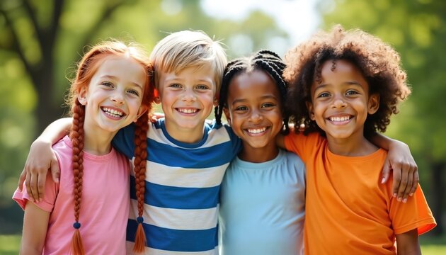 Four happy diverse kids smile together with arms around shoulders outdoors. Children friends share joy, hug each other. Youngsters enjoy sunny day in park. Childhood fun, togetherness, bonding.