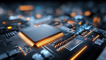 High-tech circuit board with a prominent microprocessor, illuminated by glowing orange lights.