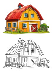 Cute Cartoon Farm Barn, Color & Outline Versions