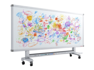 Large white interactive whiteboard, colorful drawings