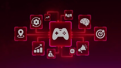 Digital Game Controller Icon Network with Business and AI Concepts on Red Background video game gaming - Powered by Adobe