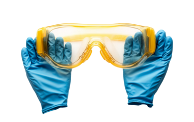 Science lab gloves and goggles presented on plain surface for healthcare and protection theme isolated on transparent background PNG