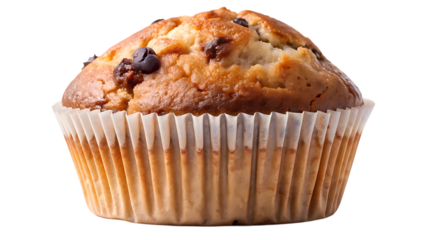Delicious chocolate chip muffin isolated on transparent background, a perfect treat for breakfast or a snack, baked to golden perfection