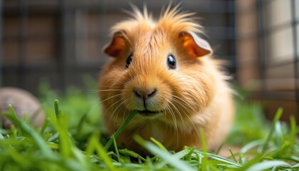Ginger guinea pig eating green grass looks at camera. Cute pet rodent chews a blade of grass. Cavy portrait close-up in summer. Small animal enjoy food outdoors.