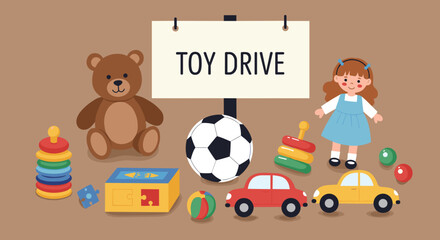 Obraz premium Toys for toy drive on brown background 