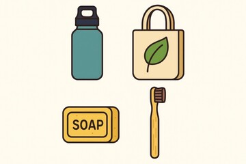 Set of eco-friendly hygiene and reusable items including bottle, bag, soap, toothbrush in flat style on light background, concept of sustainability