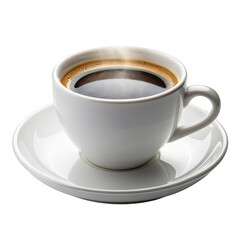 Obraz premium A steaming white ceramic cup of freshly brewed black coffee with rich aroma on a saucer transparent background