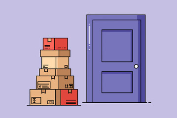 Stacked cardboard boxes next to a purple door on pastel background  