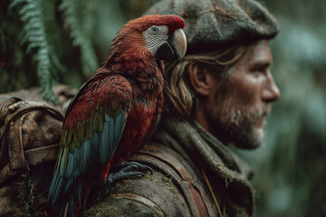 Vibrant bird and man share journey through lush rainforest environment
