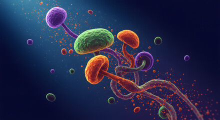 Microscopic World: A vibrant and dynamic digital artwork plunges viewers into the astonishing beauty of the unseen world, showcasing intricate cell structures. 