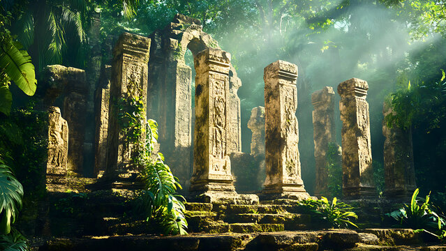 Ancient temple ruins deep within a lush jungle, with mystical sunbeams and god rays filtering through the trees.