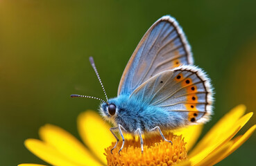 Obraz premium Macro photo of tiny blue butterfly with orange spots on wings resting on bright yellow flower center. Soft green blurred background. Insect life, nature beauty, closeup detail.