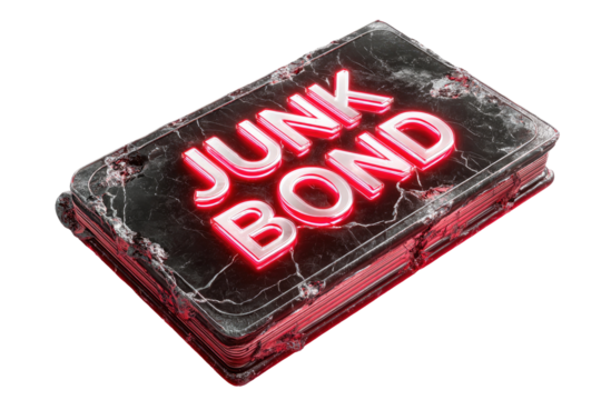 A 3D rendering of a rectangular object, resembling a book or case, displaying the text "JUNK BOND" in glowing red lettering.
