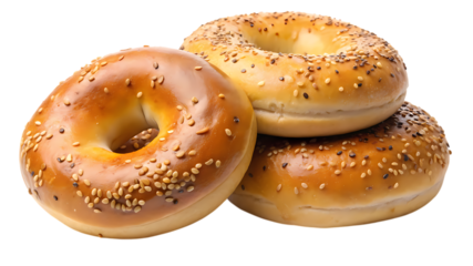 Three sesame bagels isolated on transparent background, a classic breakfast staple, offering a satisfying and flavorful start to the day or a tasty snack