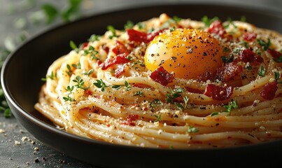 Nestled pasta with egg and bacon