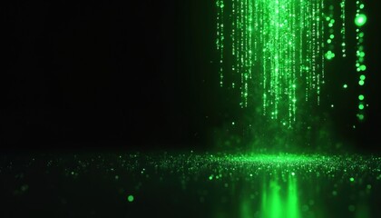 Green digital data stream falls creating luminous particles on dark reflective surface. Abstract tech background. Bits, bytes flow, showing cyber security, programming concept, big data analysis,