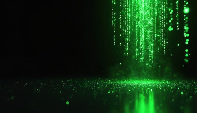 Green digital data stream falls creating luminous particles on dark reflective surface. Abstract tech background. Bits, bytes flow, showing cyber security, programming concept, big data analysis,