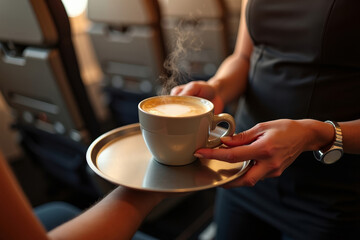 Coffee on board an airplane. A flight attendant serves coffee to an airplane passenger.
