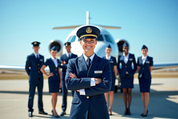 Airline pilot in uniform standing with cabin crew outdoors near airplane.