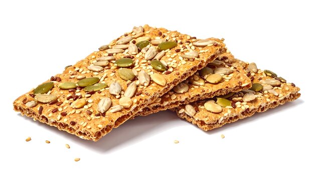 Stack of whole grain crackers topped with seeds, showcasing a delicious and nutritious snack against a plain white background.