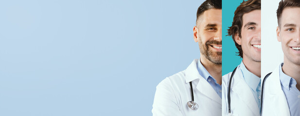 A creative collage features men from diverse backgrounds, both dressed in medical attire. They are smiling and embodying a sense of professionalism and care, copy space